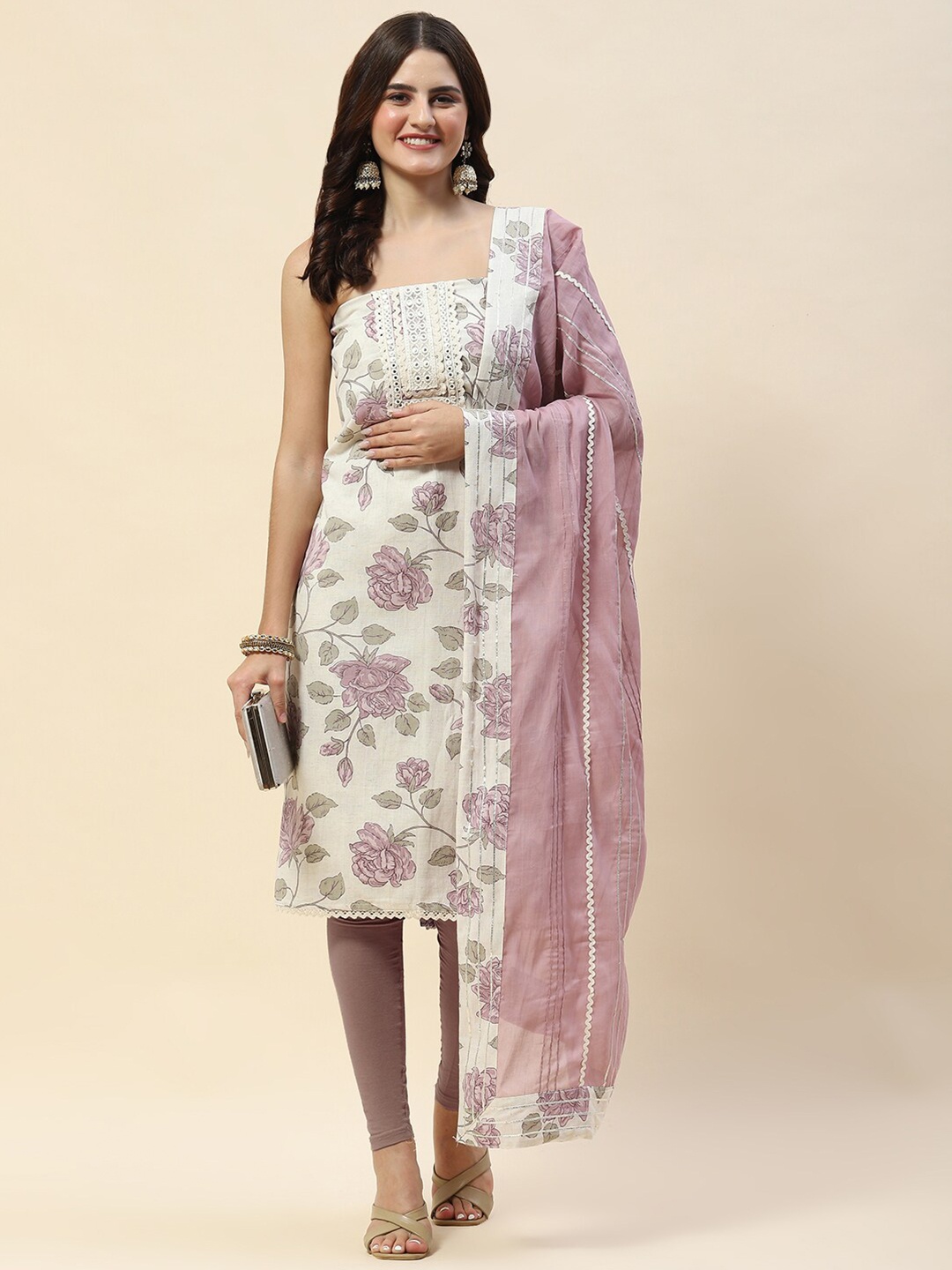 

Meena Bazaar Floral Printed Mirror Work Unstitched Dress Material, Cream