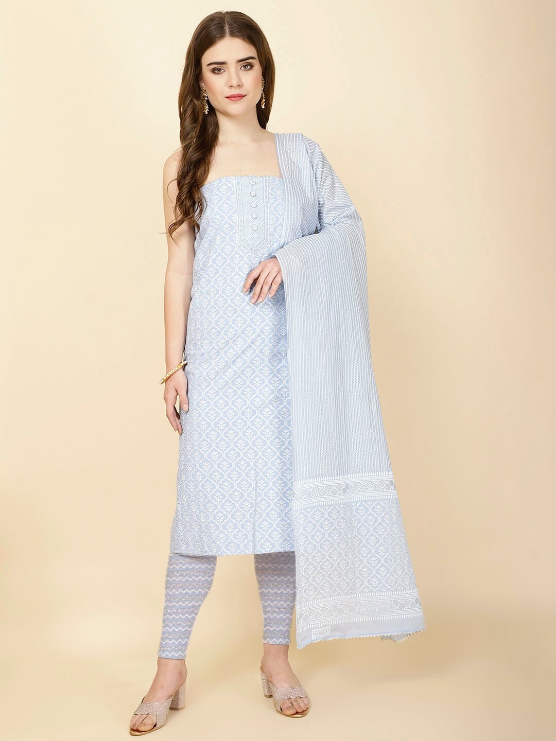 

Meena Bazaar Floral Printed Unstitched Dress Material, Blue