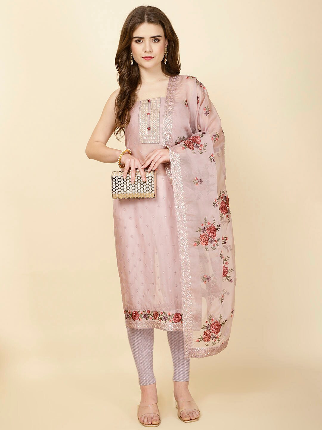 

Meena Bazaar Floral Embroidered Sequinned Unstitched Dress Material, Purple