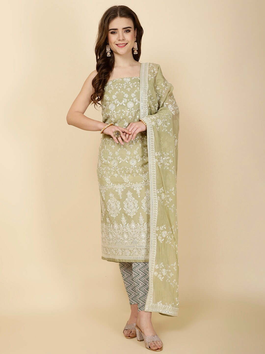 

Meena Bazaar Floral Embroidered Organza Unstitched Dress Material, Green