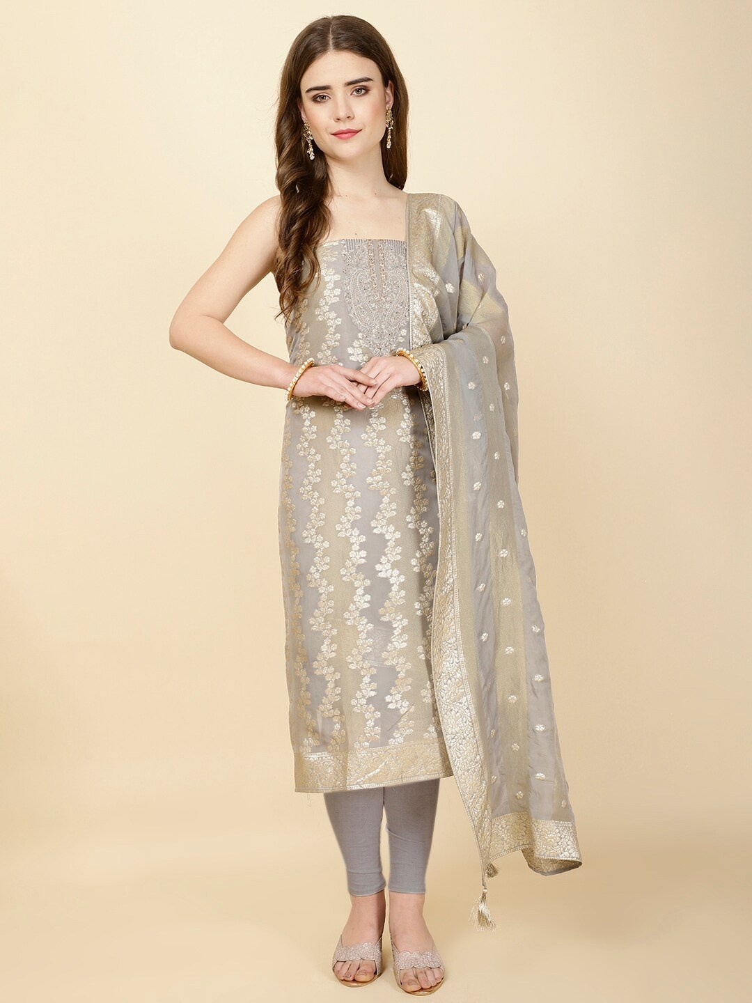 

Meena Bazaar Floral Woven Design Sequinned Unstitched Dress Material, Grey
