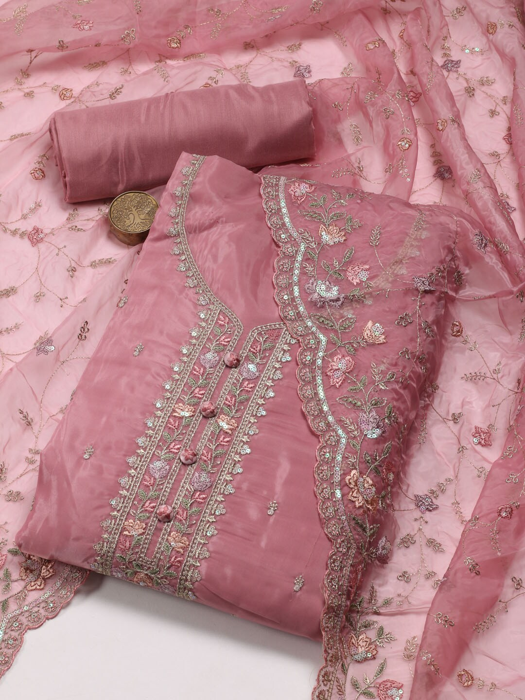 

Meena Bazaar Floral Embroidered Organza Unstitched Dress Material, Pink