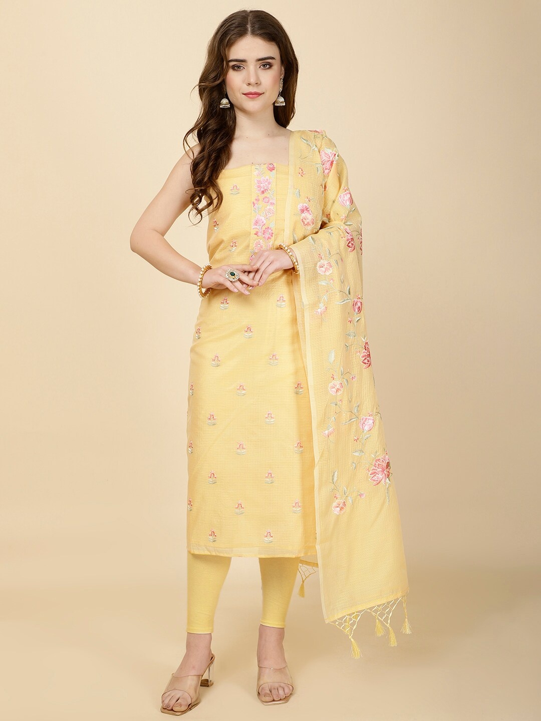 

Meena Bazaar Floral Embroidered Unstitched Dress Material, Yellow