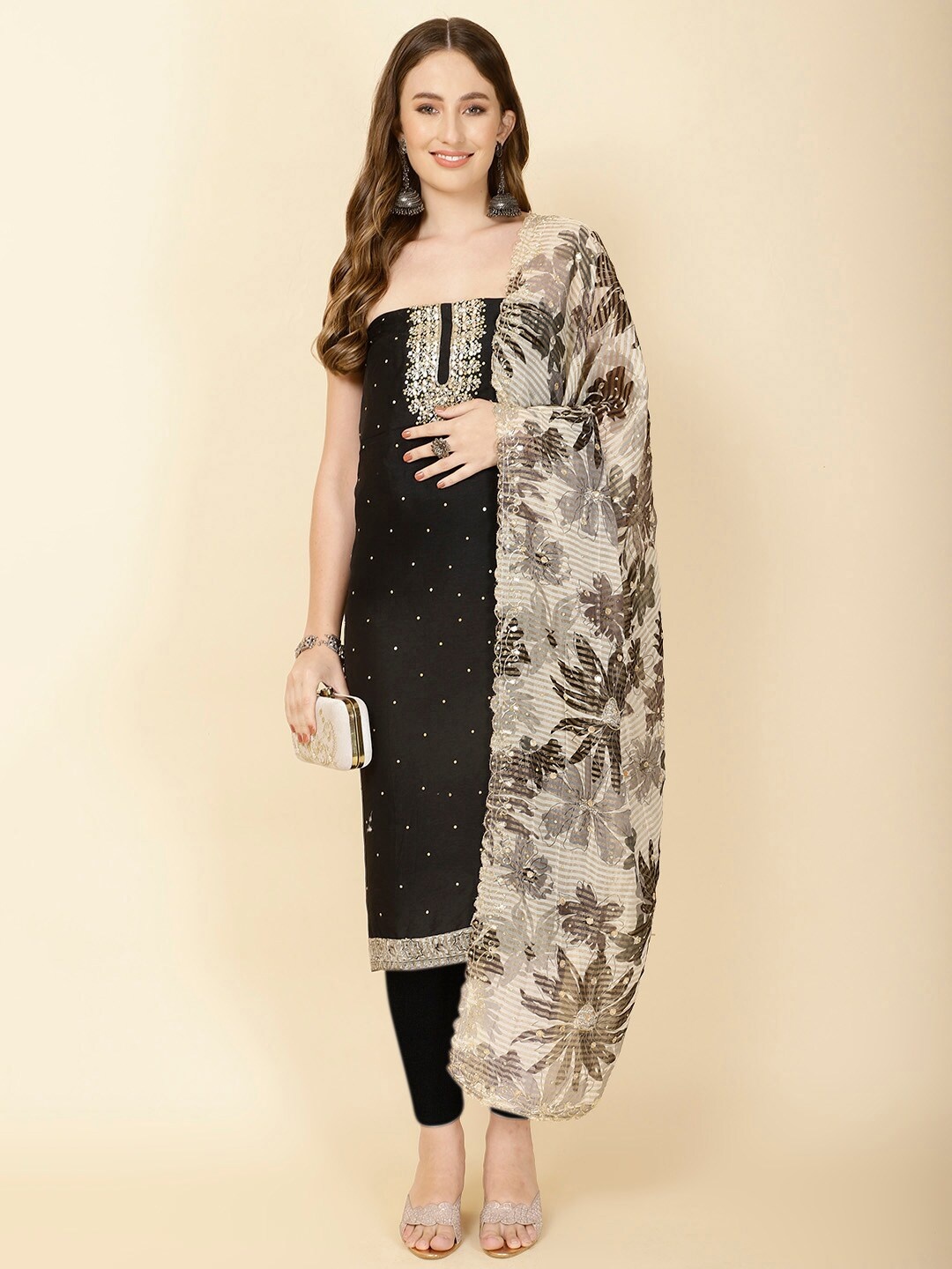 

Meena Bazaar Floral Embroidered Sequinned Unstitched Dress Material, Black