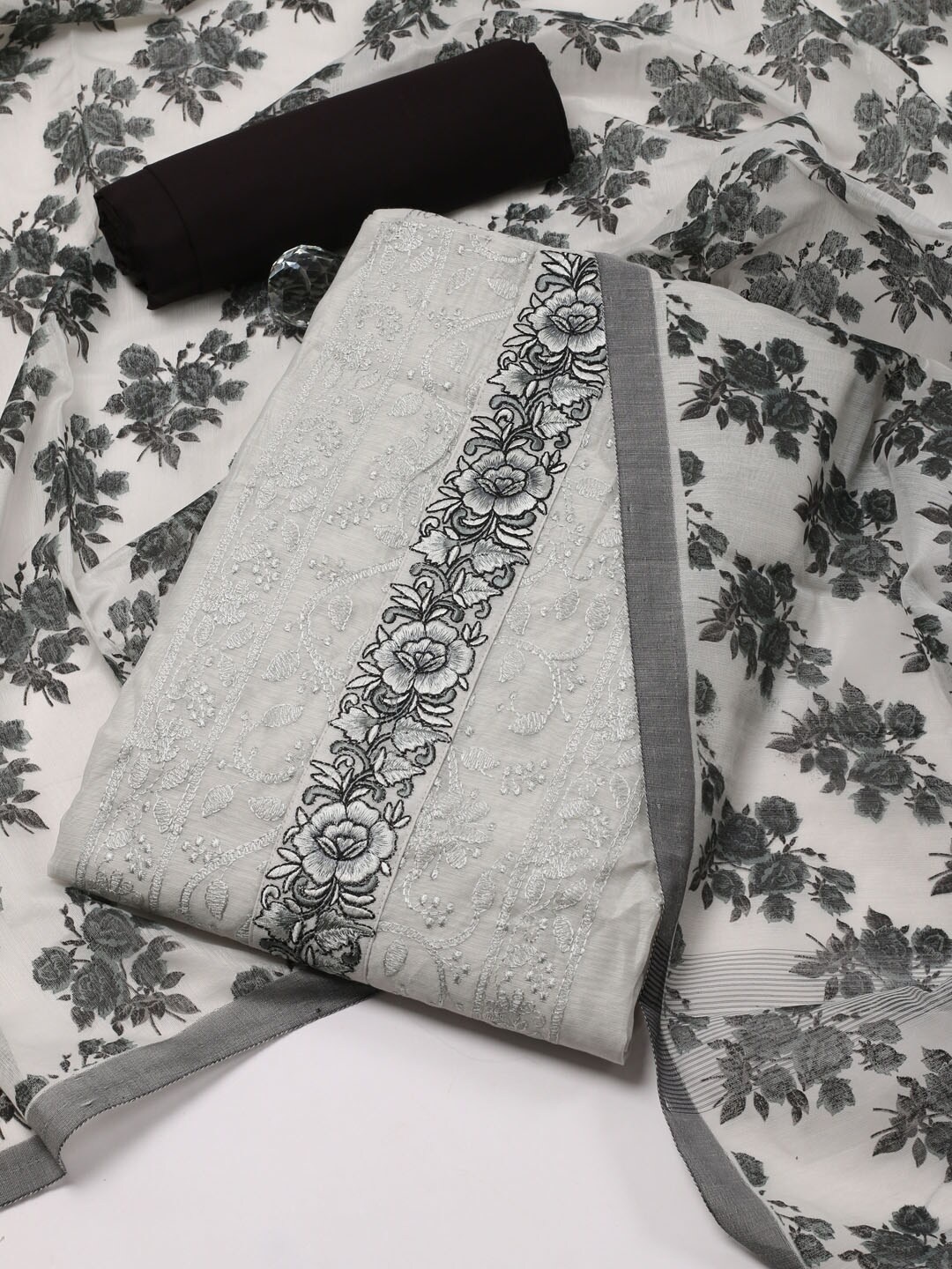 

Meena Bazaar Floral Embroidered Unstitched Dress Material, Grey