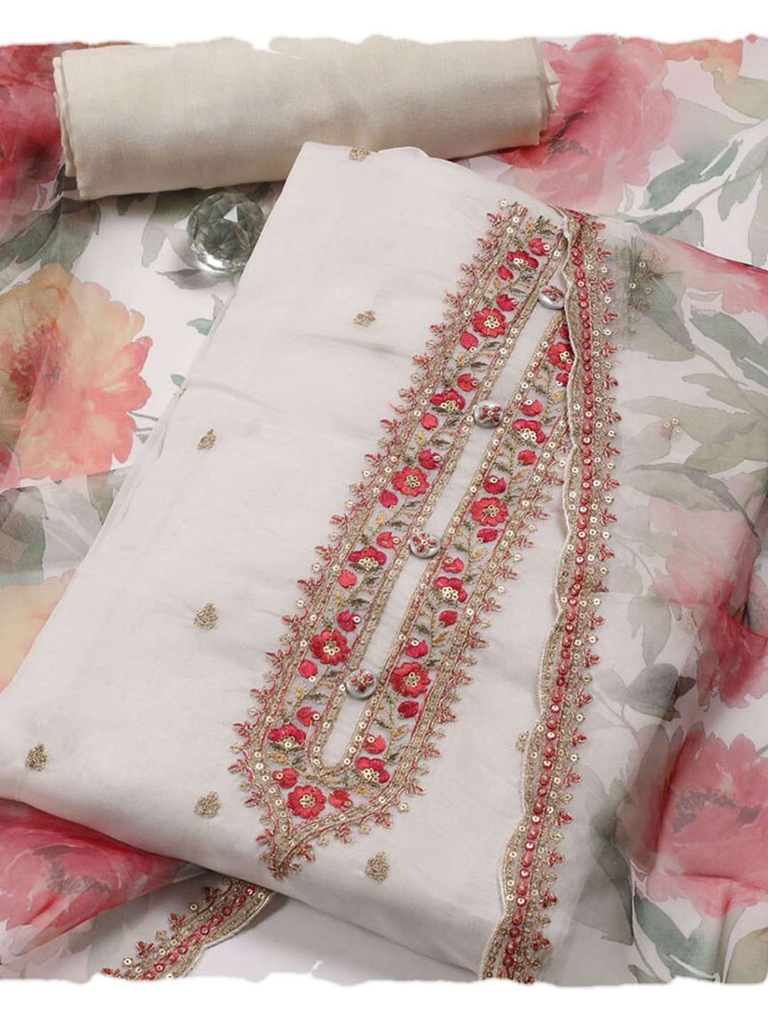 

Meena Bazaar Floral Embroidered Sequinned Organza Unstitched Dress Material, Cream