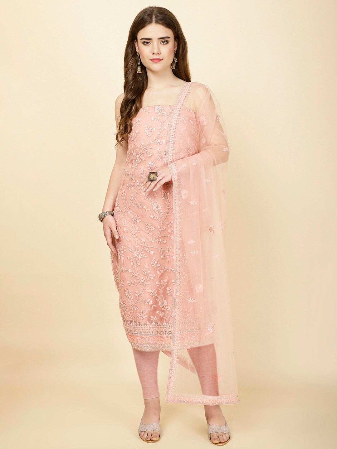 

Meena Bazaar Floral Embroidered Unstitched Dress Material, Peach