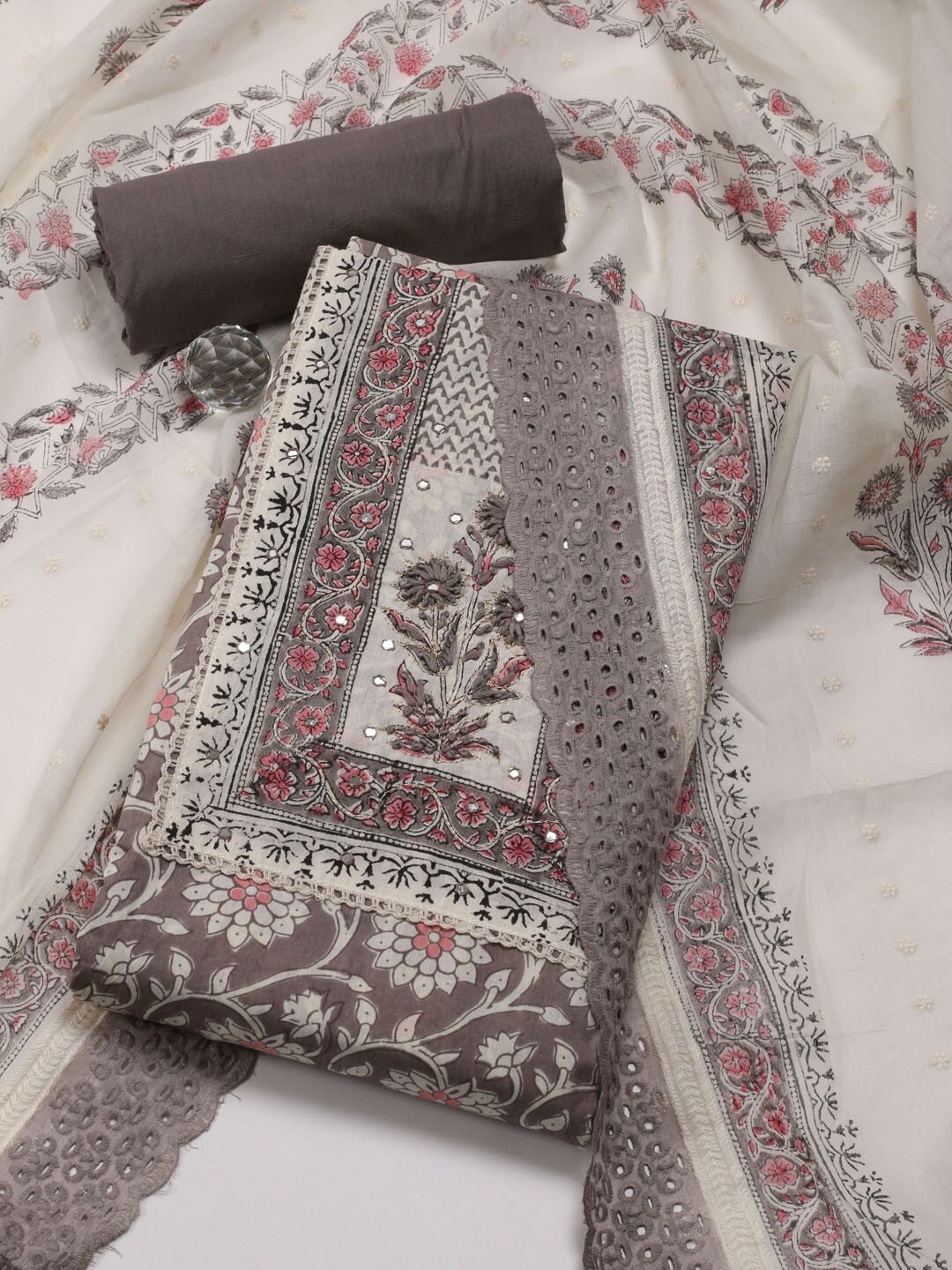 

Meena Bazaar Floral Embroidered Unstitched Dress Material, Grey