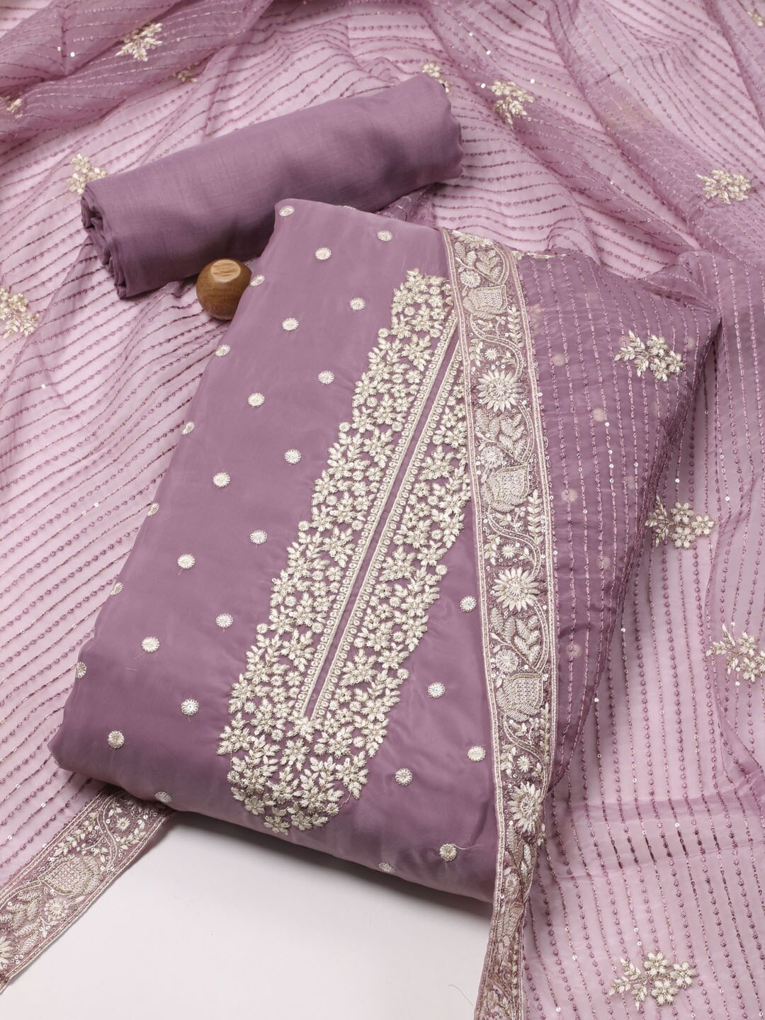 

Meena Bazaar Floral Embroidered Organza Unstitched Dress Material, Lavender