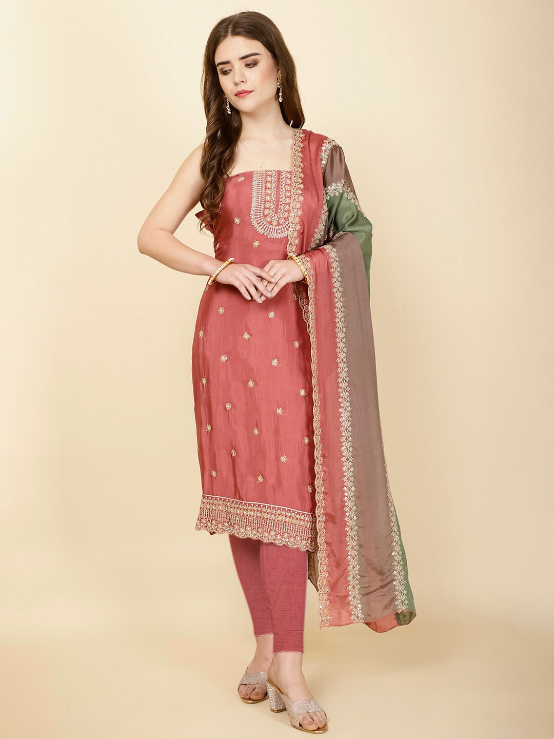 

Meena Bazaar Floral Embroidered Unstitched Dress Material, Rust