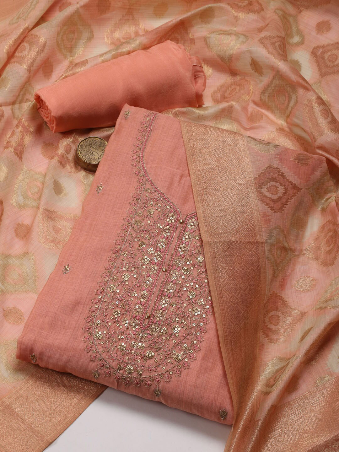 

Meena Bazaar Floral Embroidered Sequinned Art Silk Unstitched Dress Material, Peach