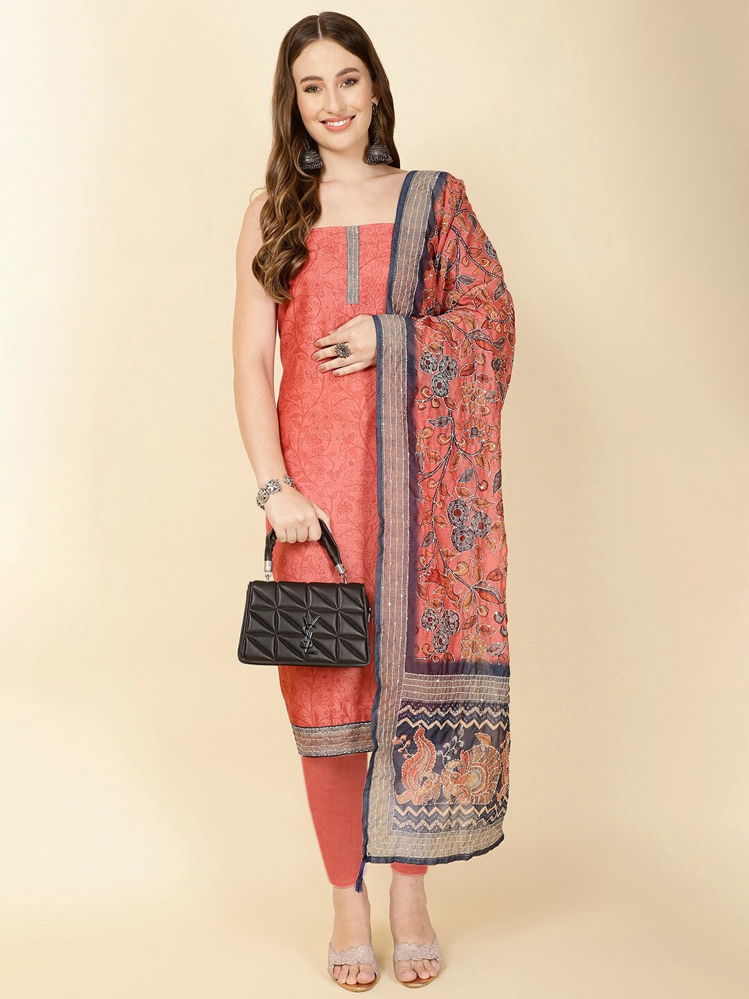 

Meena Bazaar Floral Printed Unstitched Dress Material, Peach