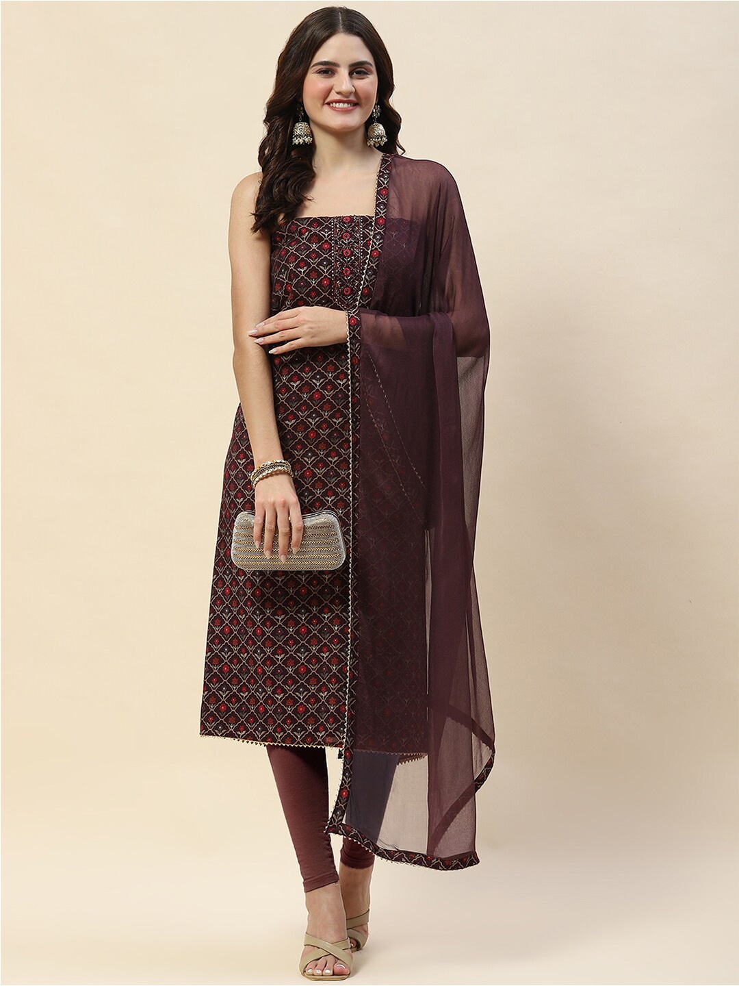 

Meena Bazaar Ethnic Motifs Printed Sequinned Unstitched Dress Material, Burgundy