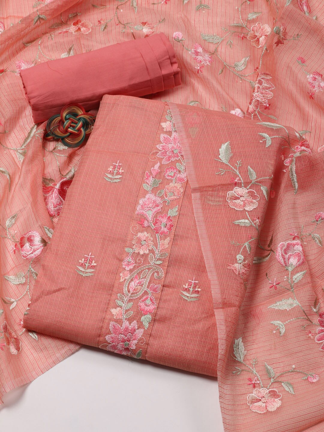 

Meena Bazaar Floral Embroidered Unstitched Dress Material, Peach
