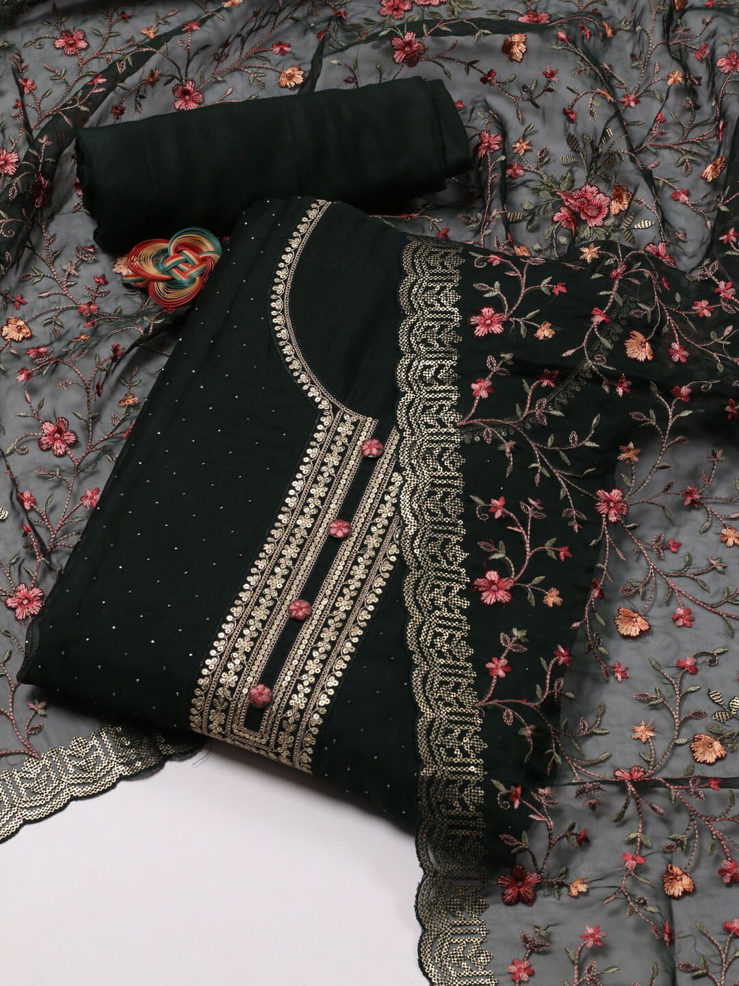 

Meena Bazaar Ethnic Motifs Embroidered Organza Unstitched Dress Material, Green