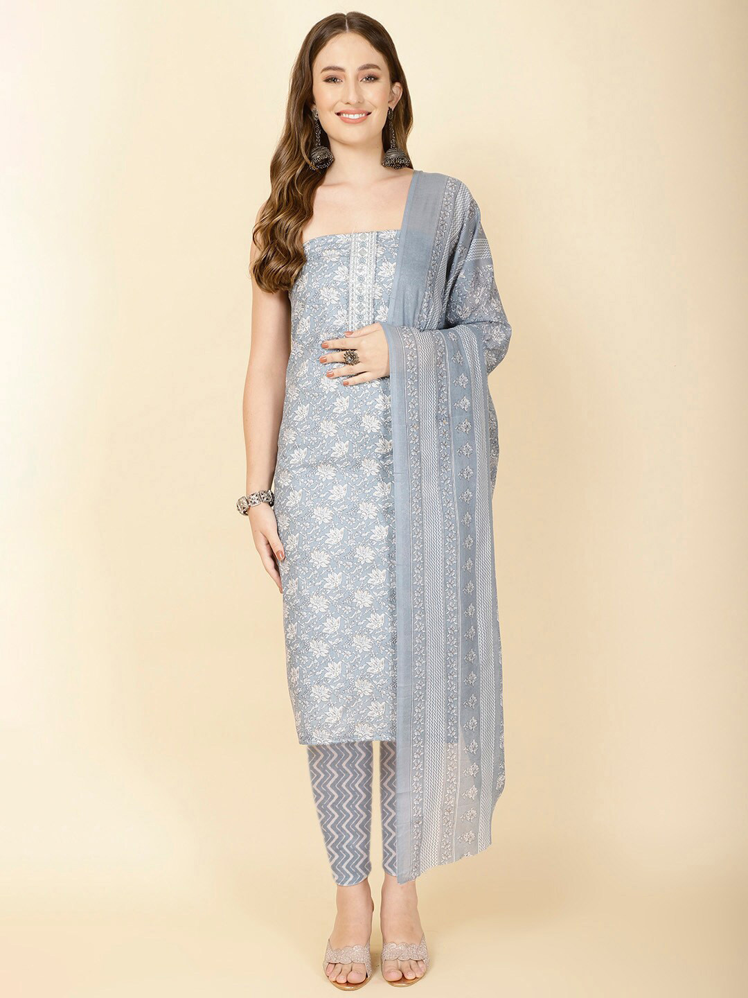 

Meena Bazaar Floral Printed Unstitched Dress Material, Grey