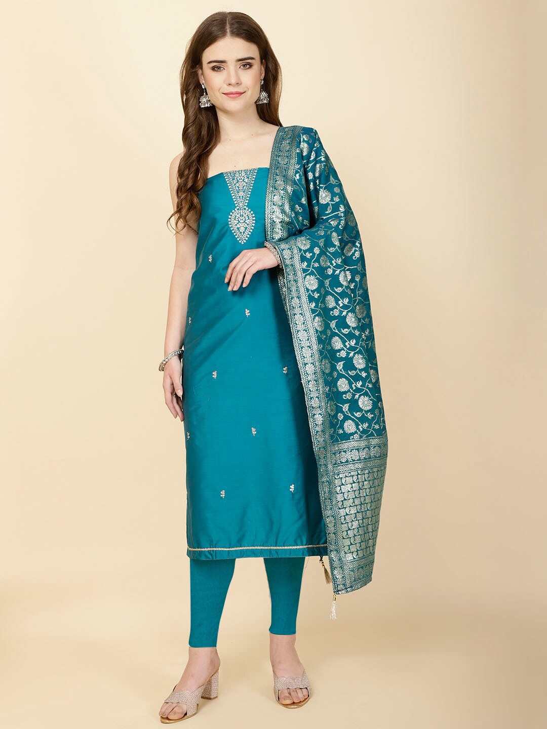 

Meena Bazaar Ethnic Motifs Embroidered Unstitched Dress Material, Teal