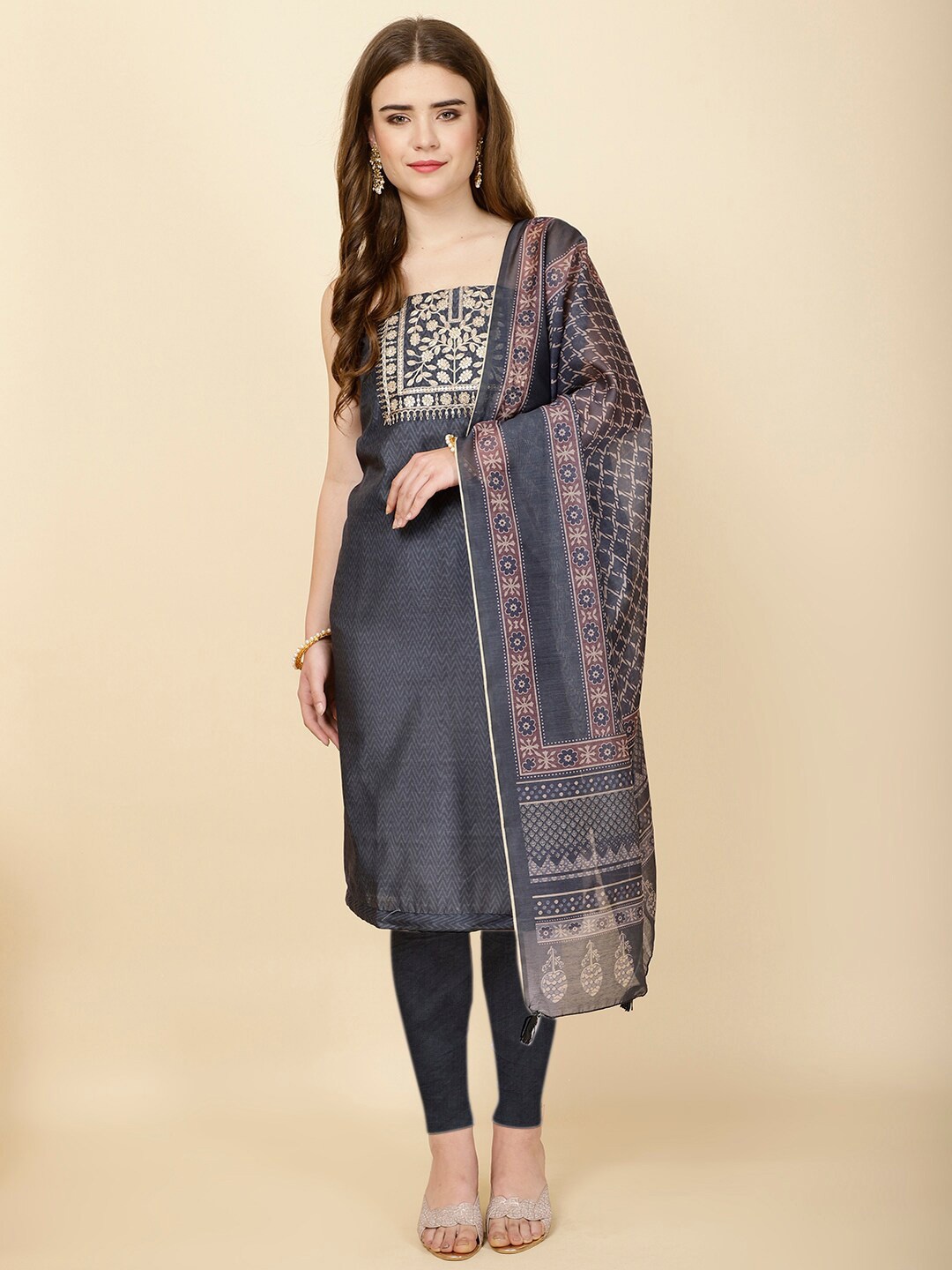 

Meena Bazaar Geometric Printed Art Silk Unstitched Dress Material, Blue