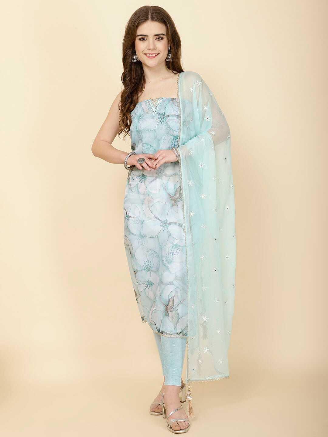 

Meena Bazaar Printed Organza Unstitched Dress Material, Blue