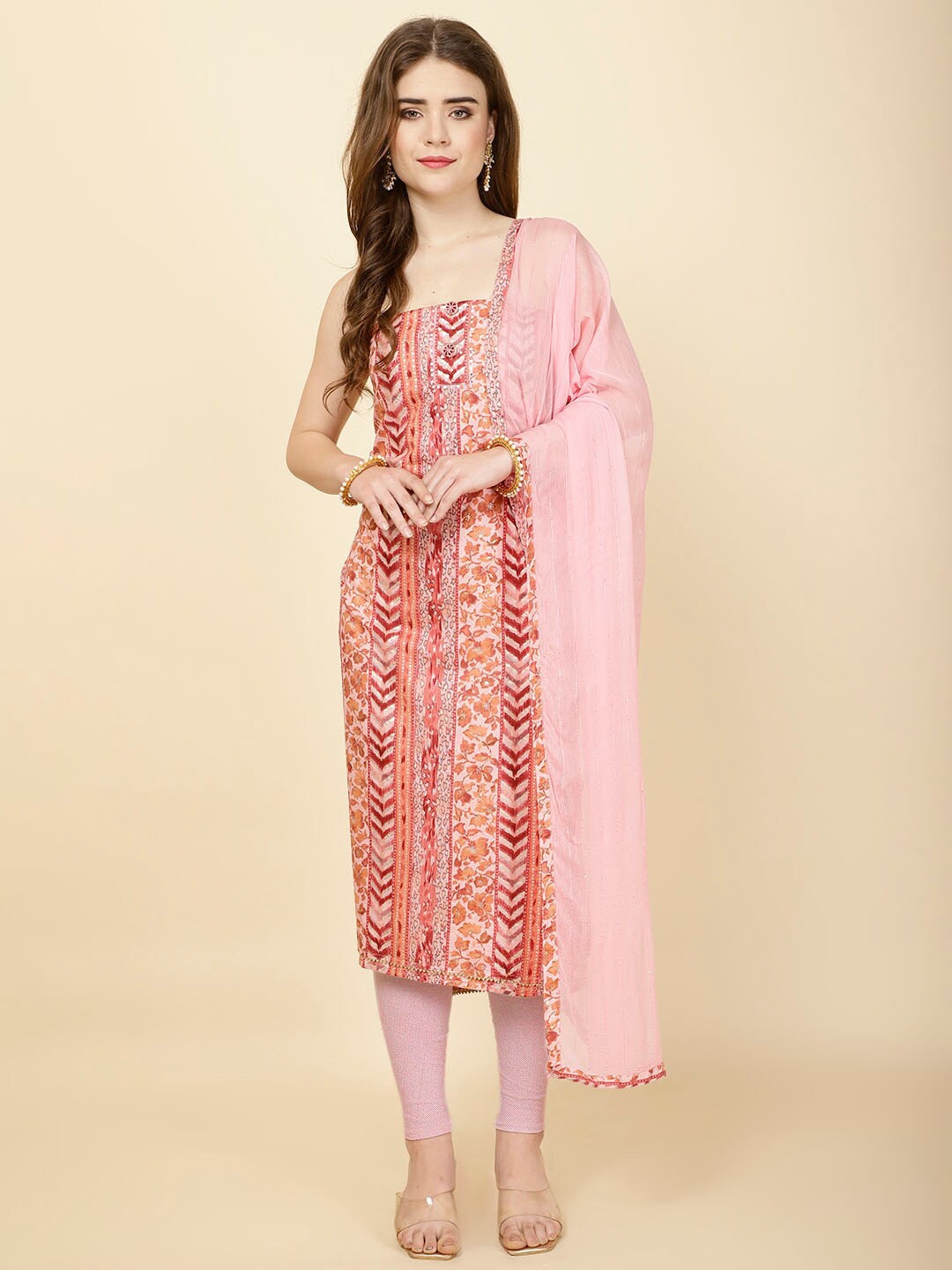 

Meena Bazaar Floral Printed Sequinned Unstitched Dress Material, Peach