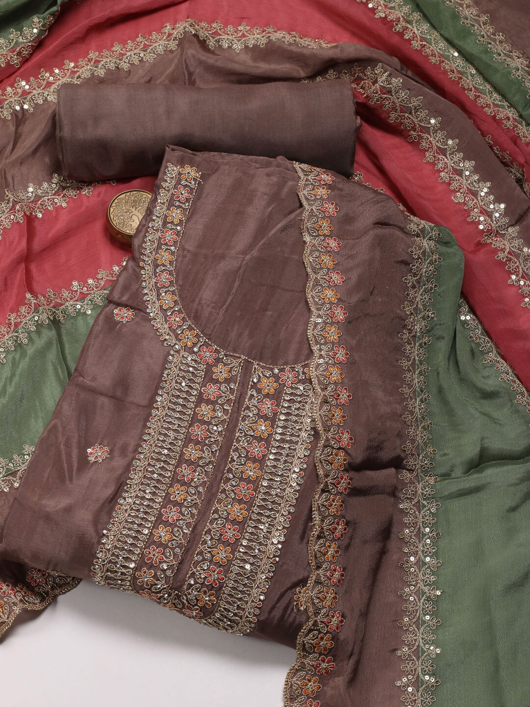 

Meena Bazaar Floral Embroidered Art Silk Unstitched Dress Material, Brown