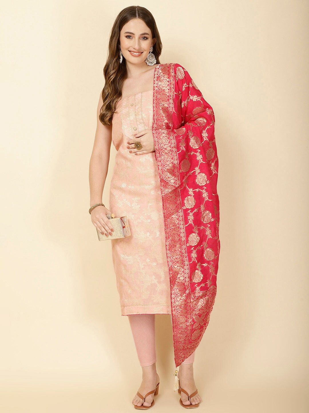 

Meena Bazaar Ethnic Motifs Woven Design Art Silk Unstitched Dress Material, Peach