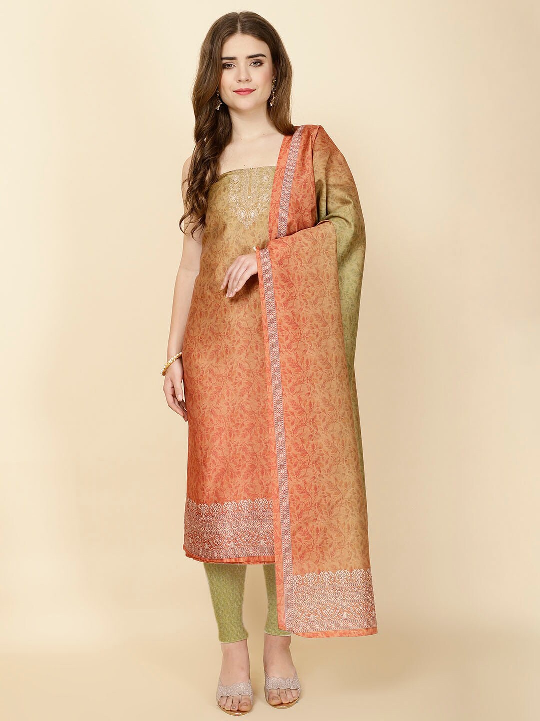 

Meena Bazaar Floral Printed Unstitched Dress Material, Green