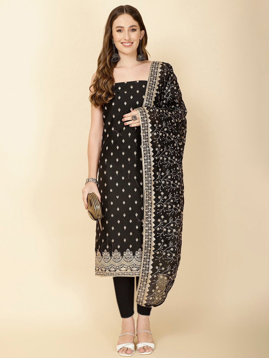 

Meena Bazaar Ethnic Motifs Embroidered Unstitched Dress Material, Black