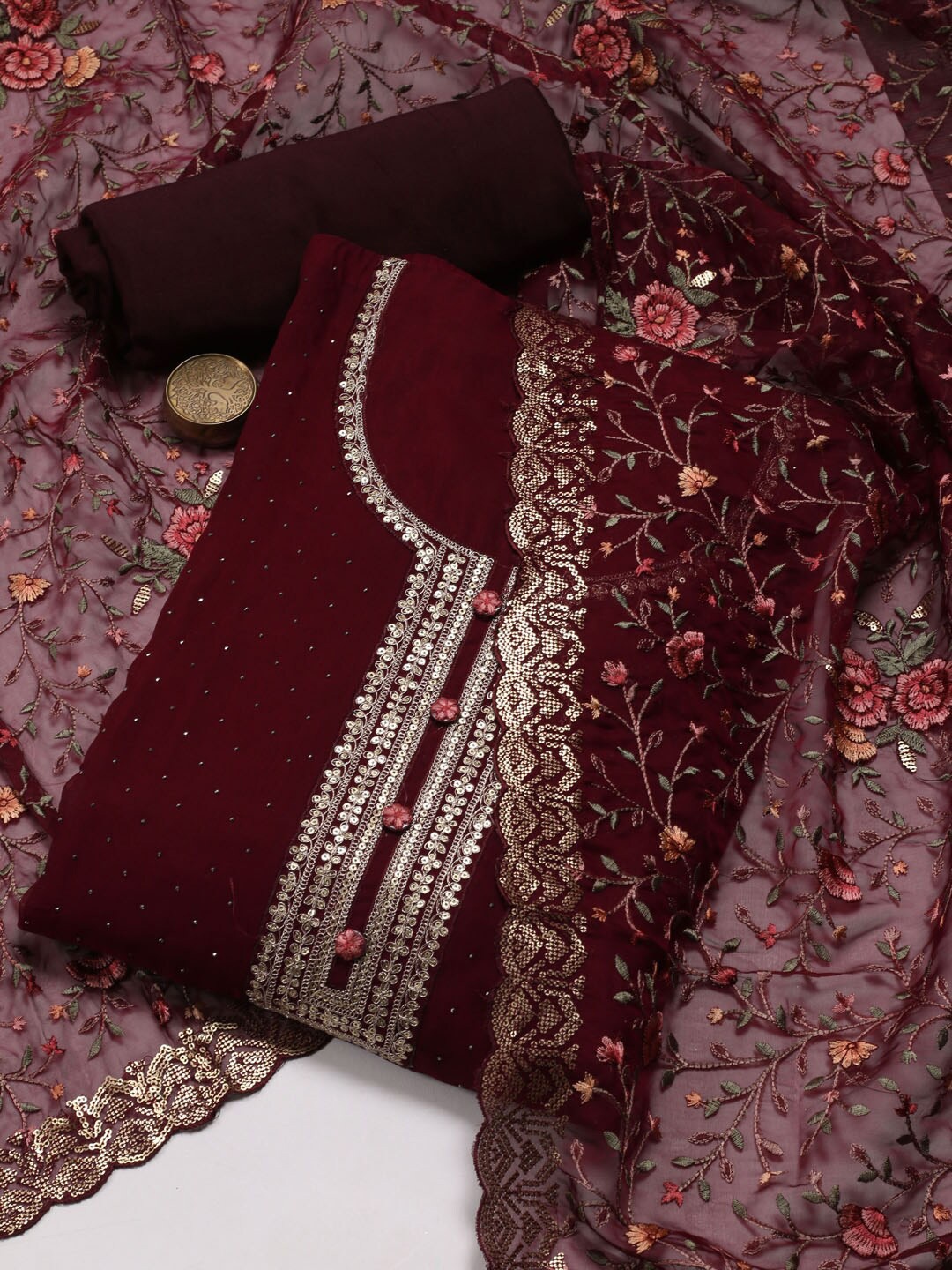 

Meena Bazaar Floral Embroidered Sequined Organza Unstitched Dress Material, Burgundy