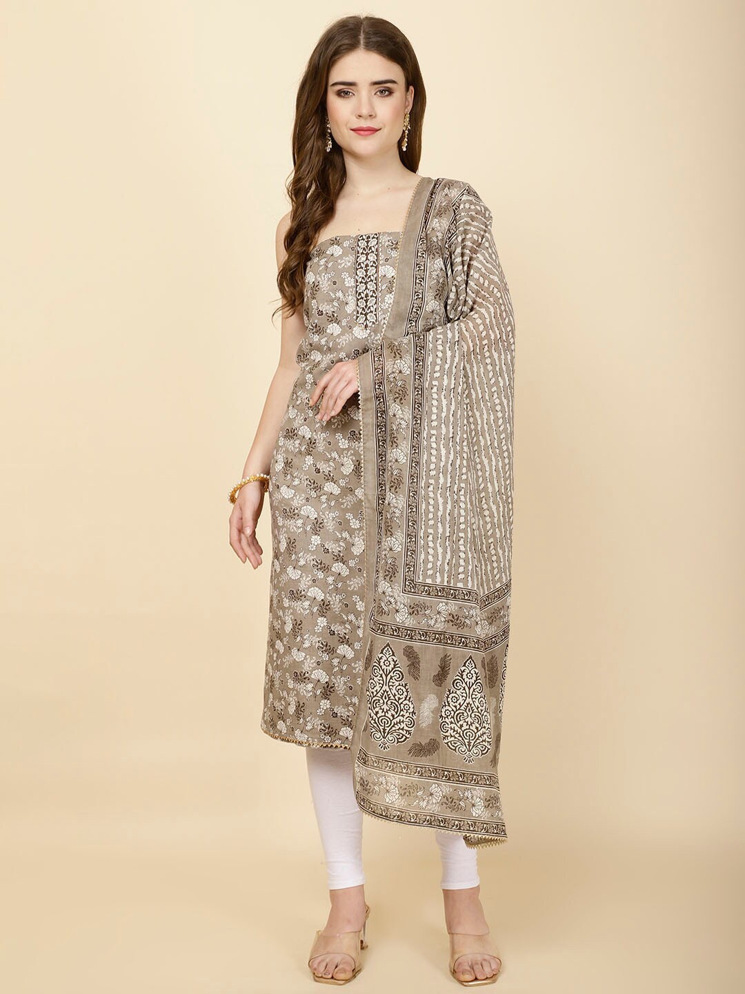 

Meena Bazaar Floral Printed Unstitched Dress Material, Grey