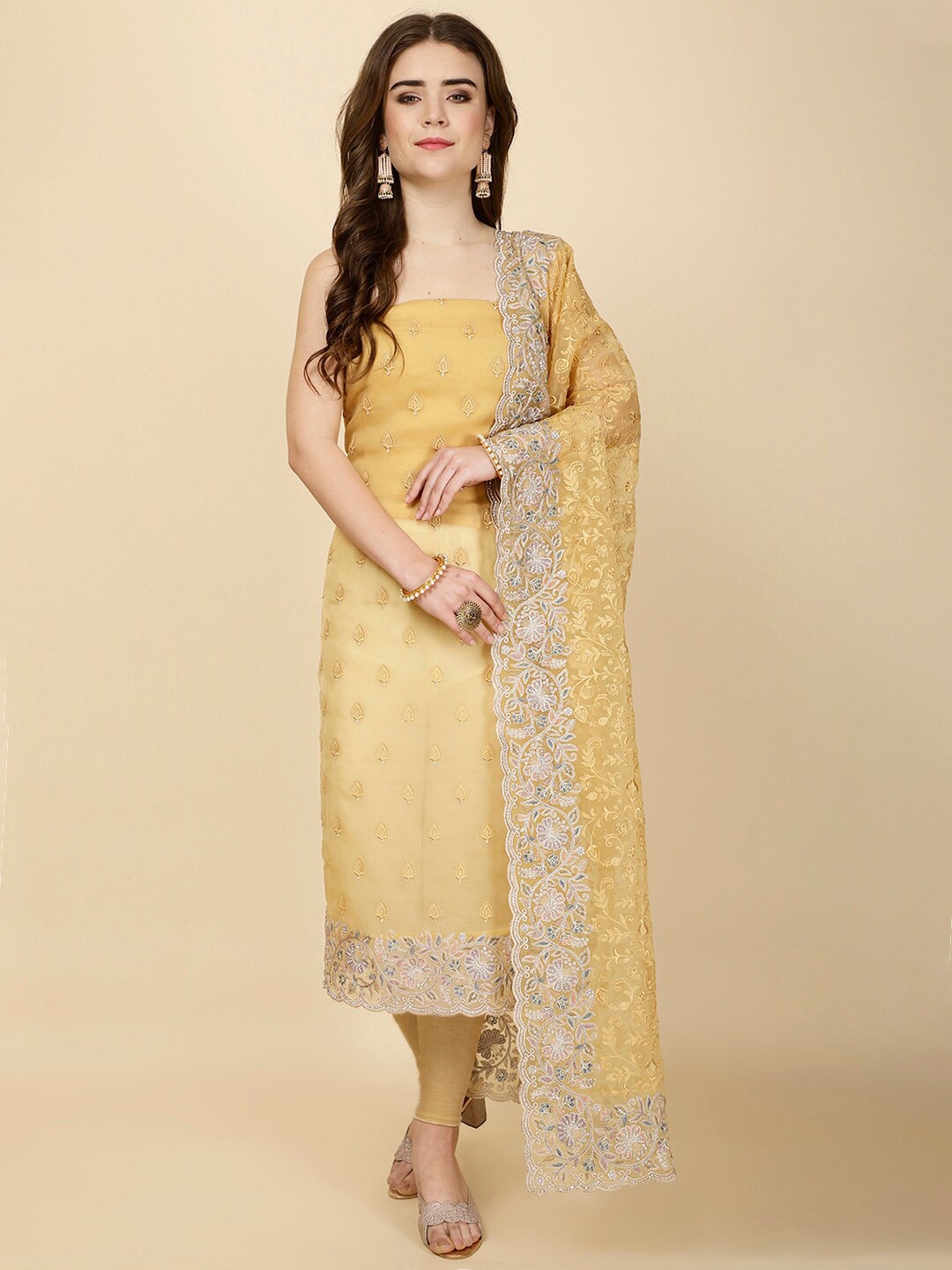 

Meena Bazaar Floral Embroidered Unstitched Dress Material, Mustard