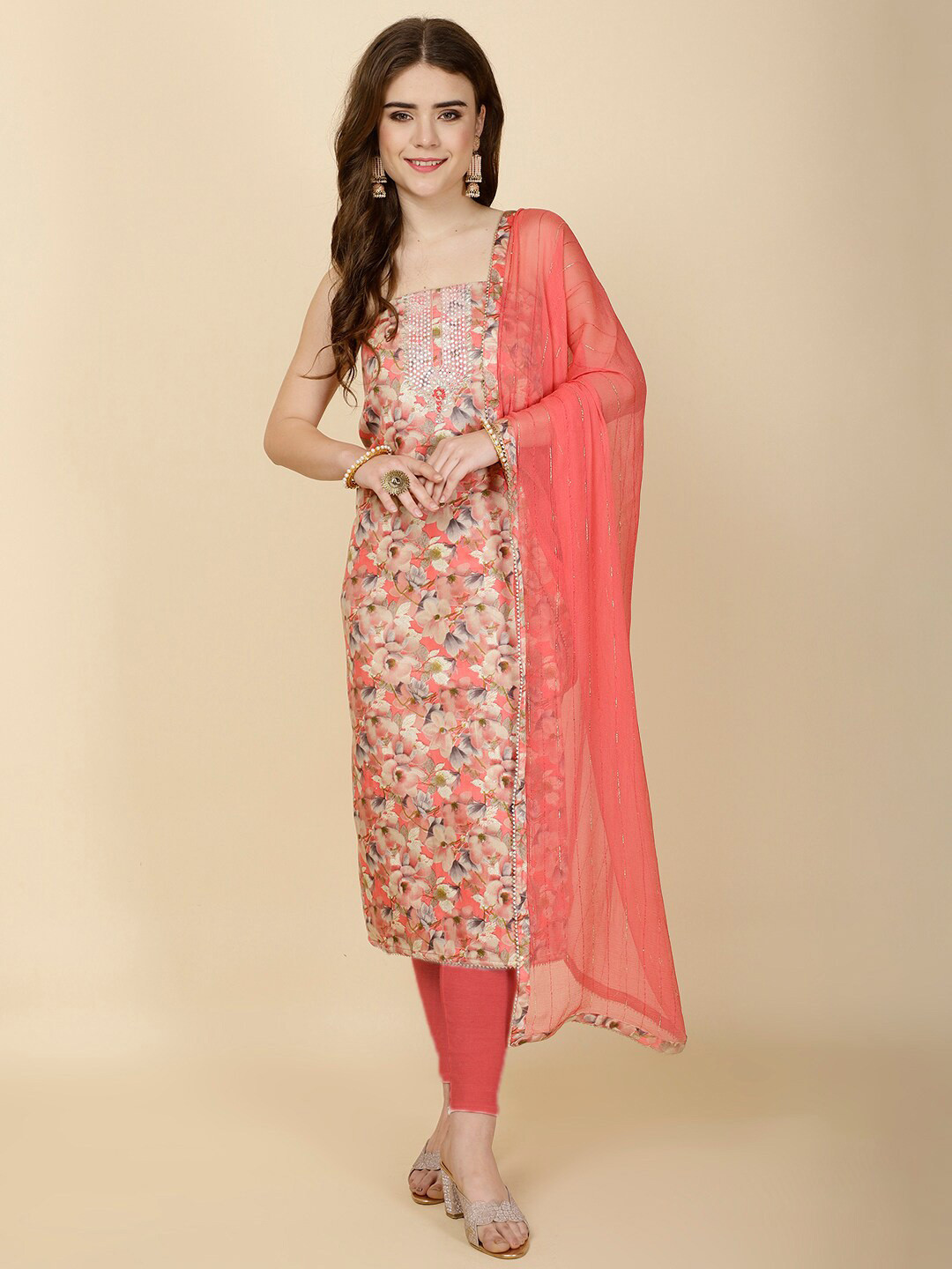 

Meena Bazaar Floral Printed Unstitched Dress Material, Coral