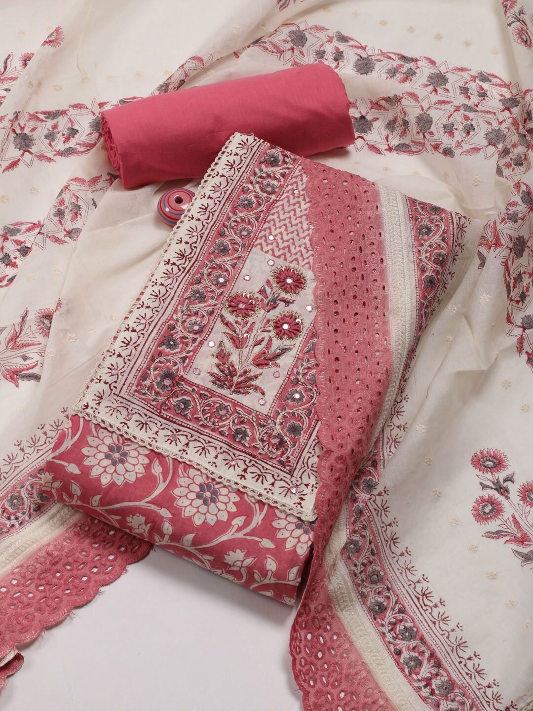 

Meena Bazaar Floral Printed Mirror Work Unstitched Dress Material, Pink