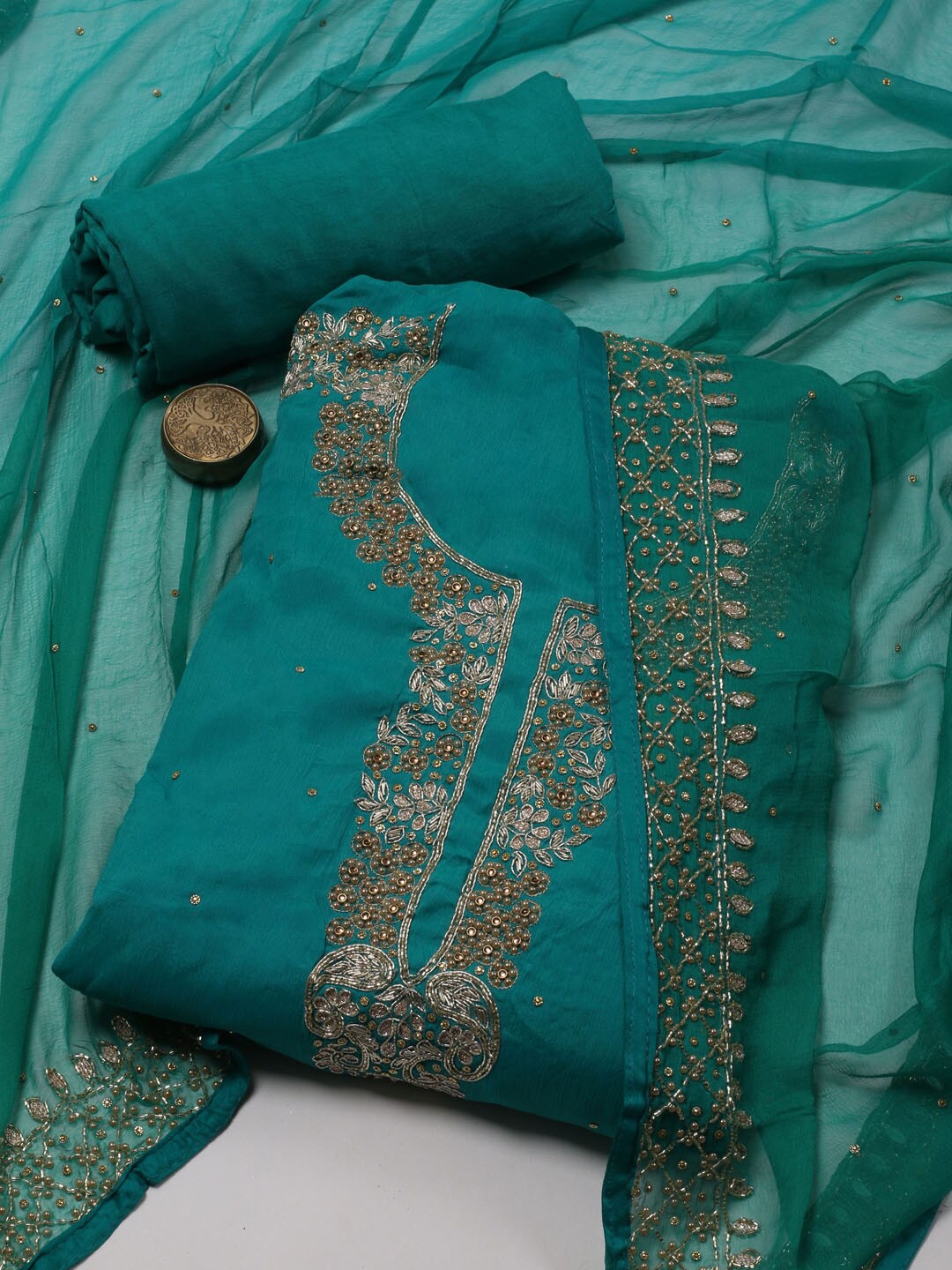 

Meena Bazaar Floral Woven Design Unstitched Dress Material, Blue
