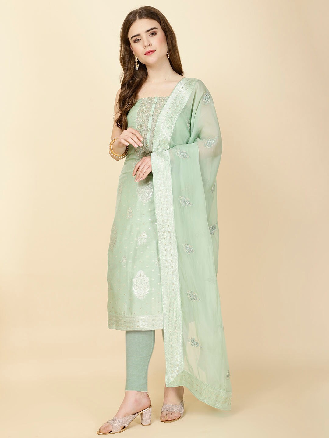 

Meena Bazaar Floral Woven Design Unstitched Dress Material, Green