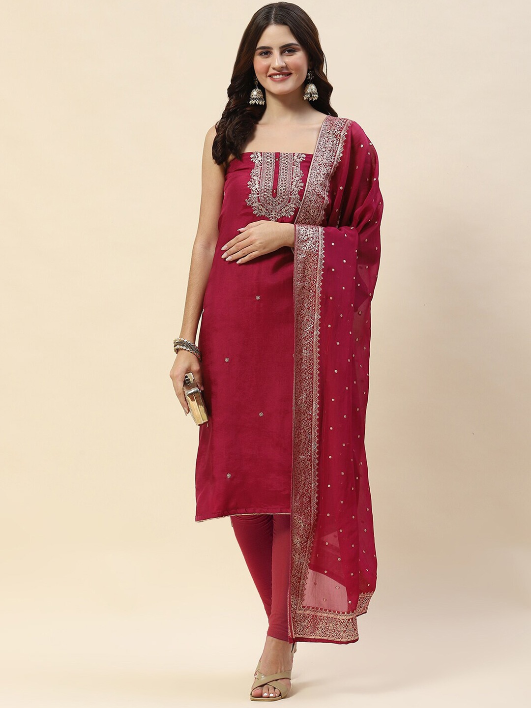 

Meena Bazaar Floral Woven Design Unstitched Dress Material, Maroon