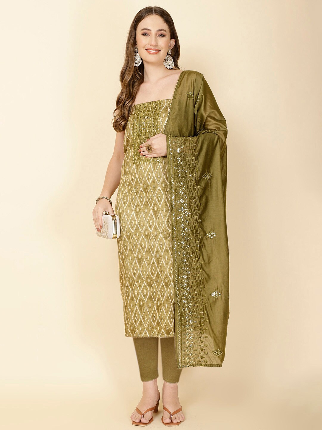 

Meena Bazaar Geometric Printed Sequinned Unstitched Dress Material, Green