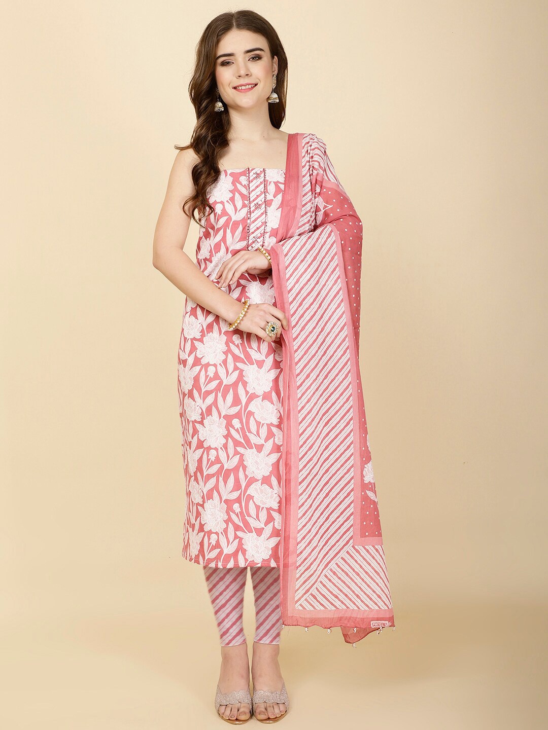 

Meena Bazaar Floral Printed Sequinned Unstitched Dress Material, Pink