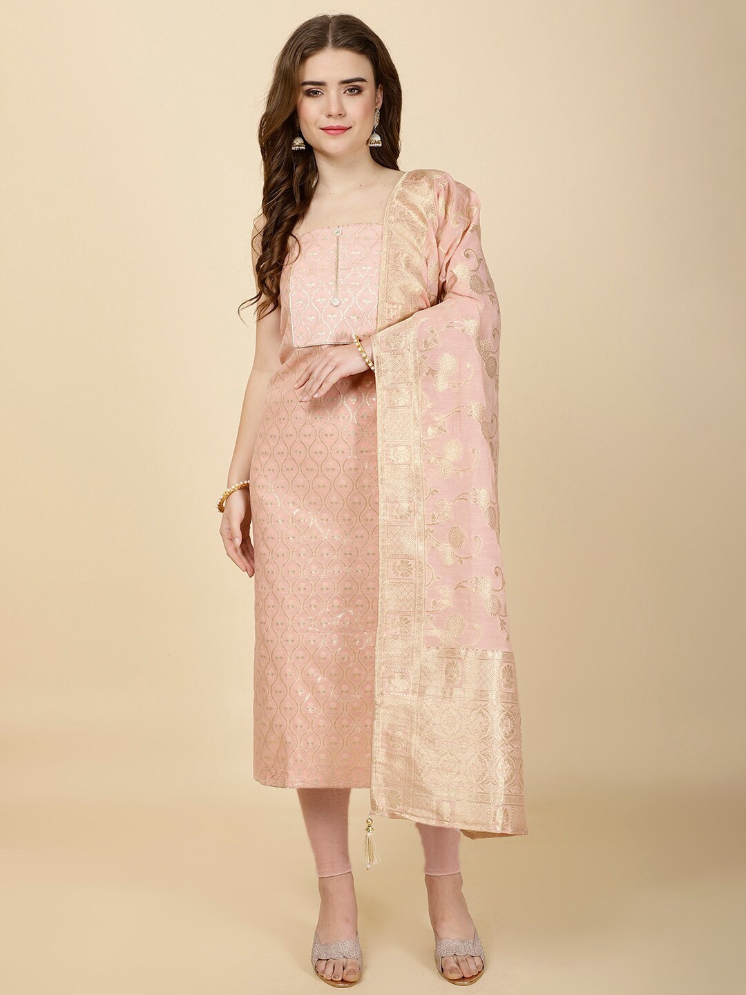 

Meena Bazaar Ethnic Motifs Woven Design Art Silk Unstitched Dress Material, Pink