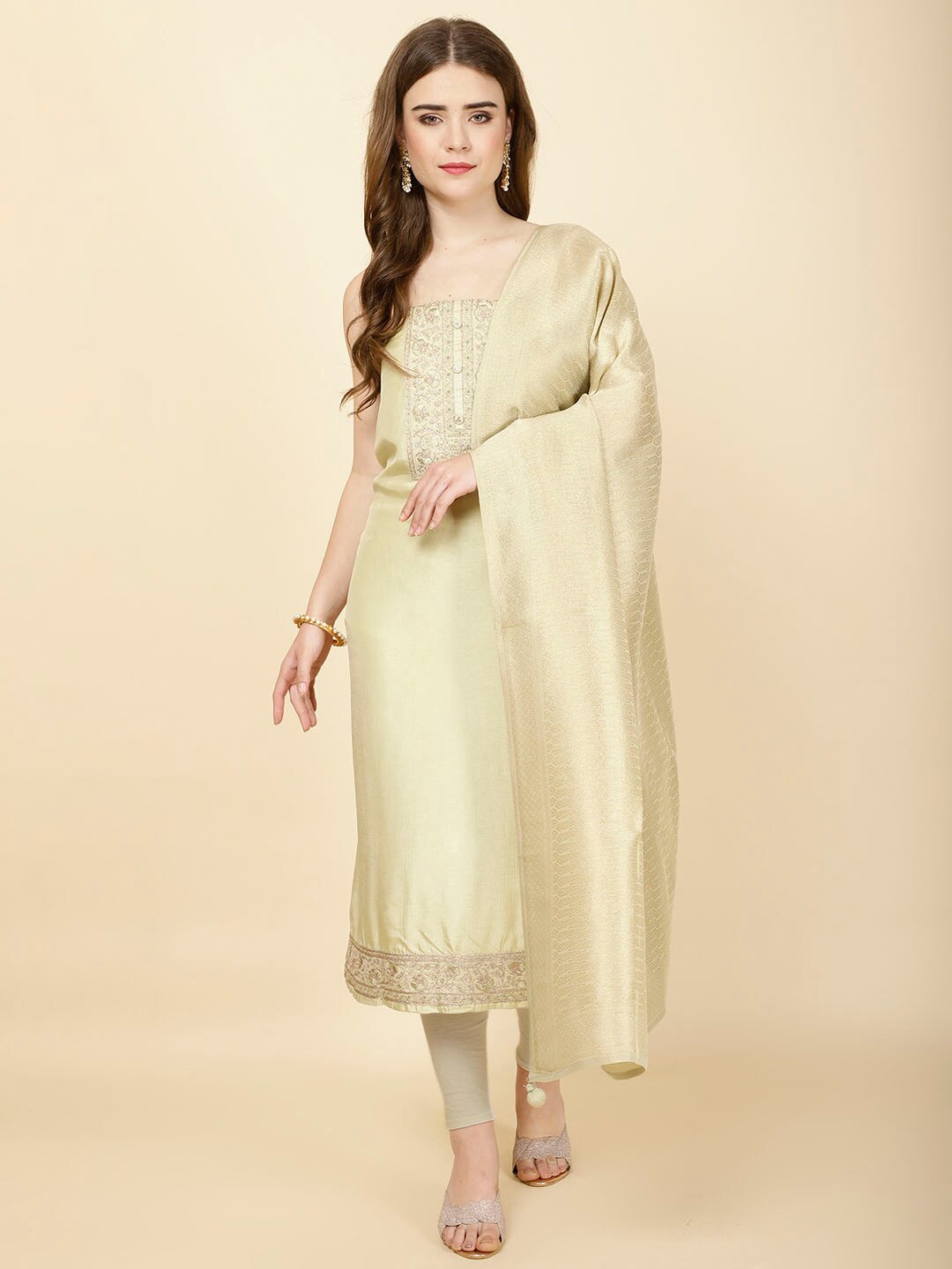 

Meena Bazaar Floral Embroidered Unstitched Dress Material, Green