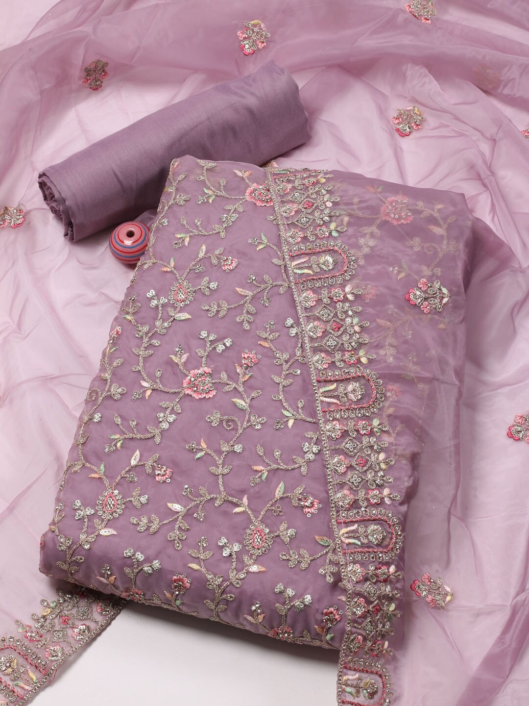

Meena Bazaar Floral Embroidered Organza Unstitched Dress Material, Lavender