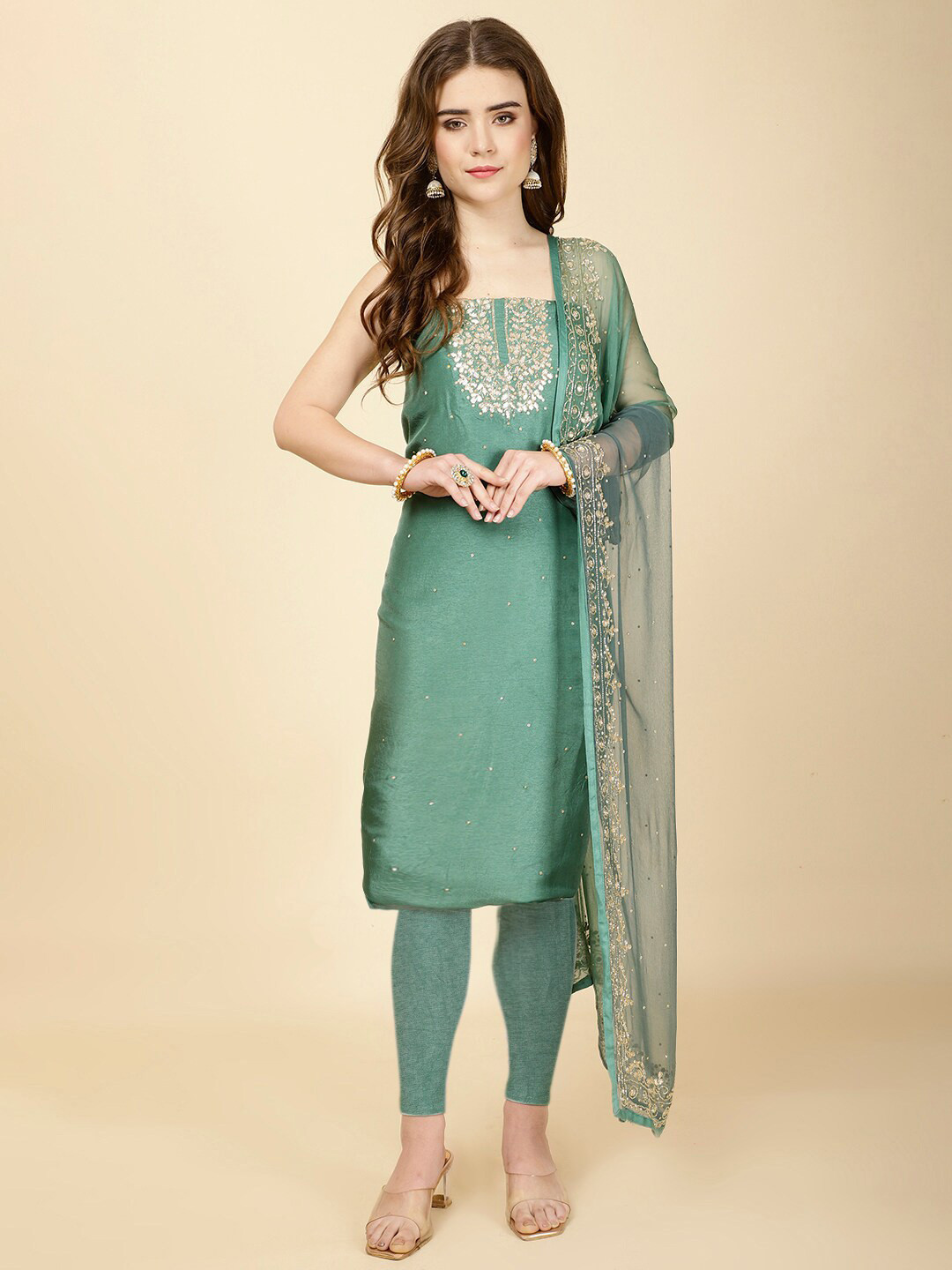 

Meena Bazaar Embellished Art Silk Unstitched Dress Material, Green