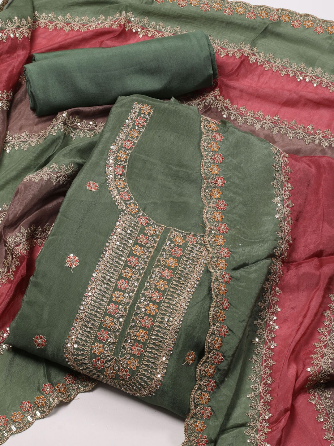 

Meena Bazaar Floral Embroidered Sequined Unstitched Dress Material, Green