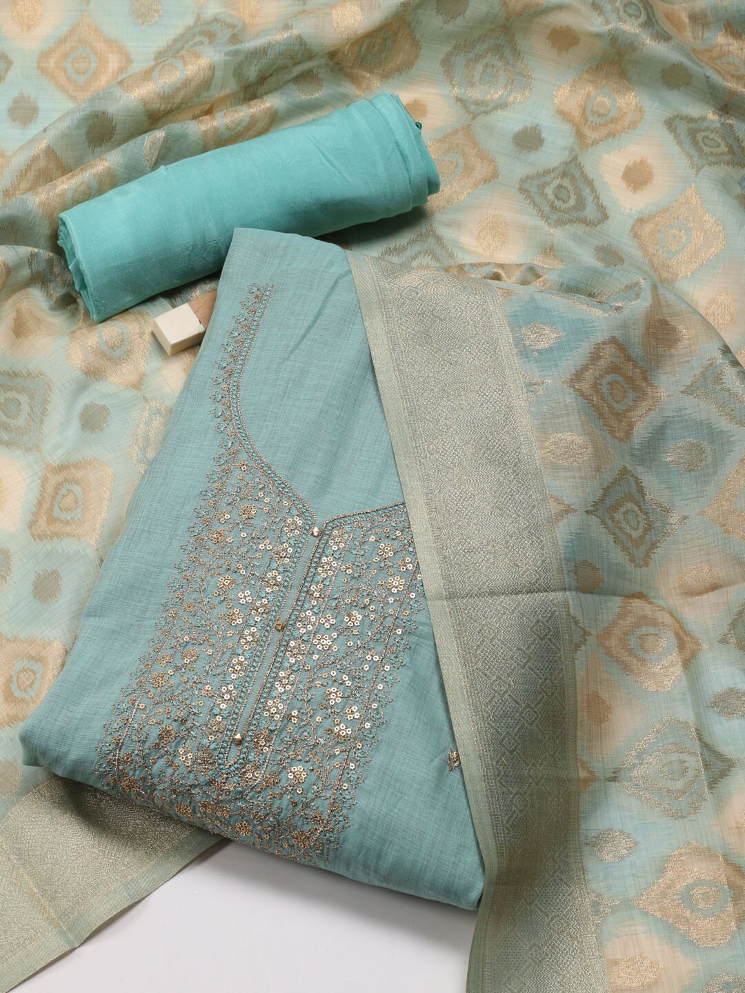 

Meena Bazaar Embroidered Art Silk Unstitched Dress Material, Sea green