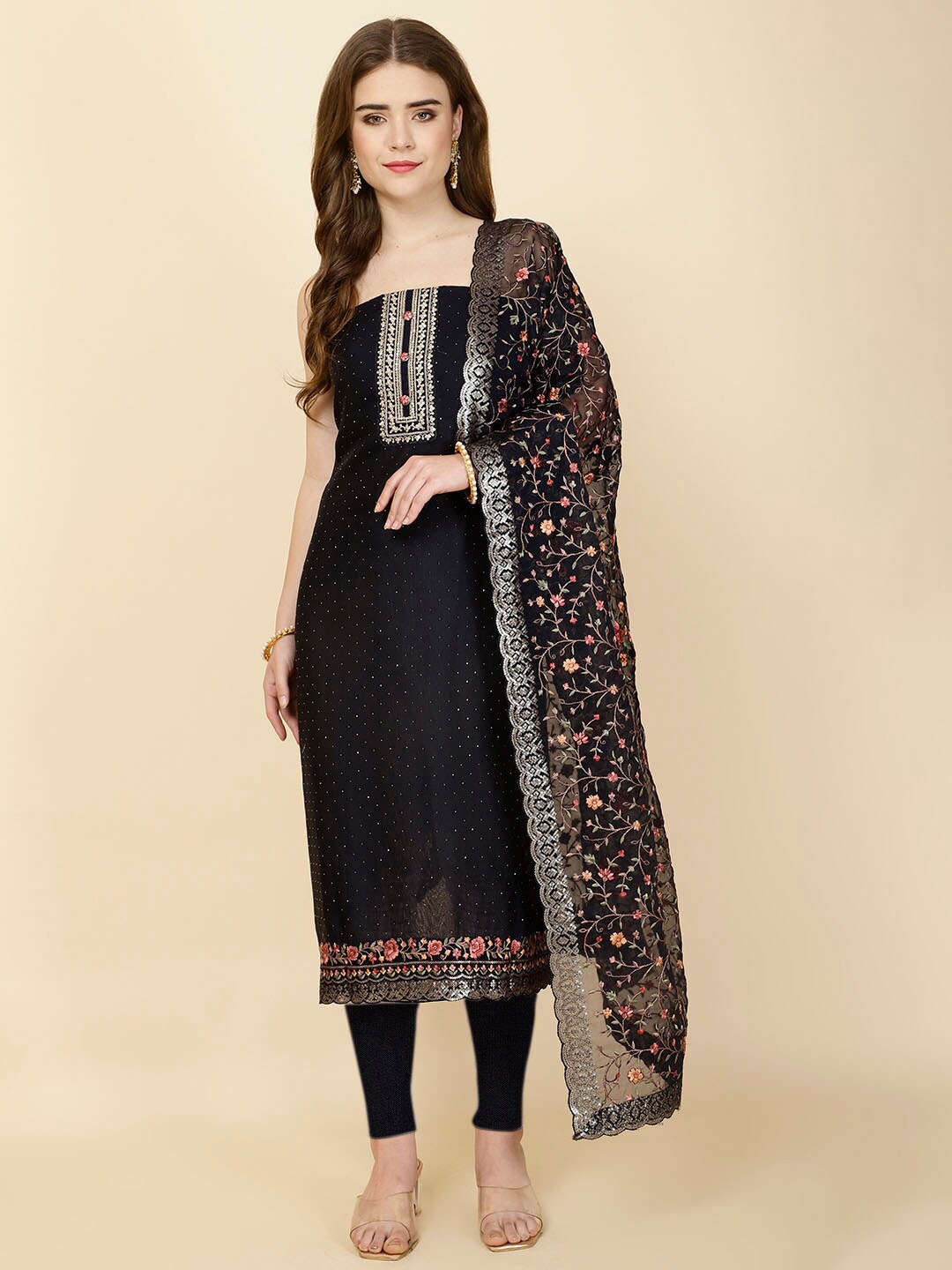 

Meena Bazaar Floral Embroidered Sequinned Unstitched Dress Material, Navy blue