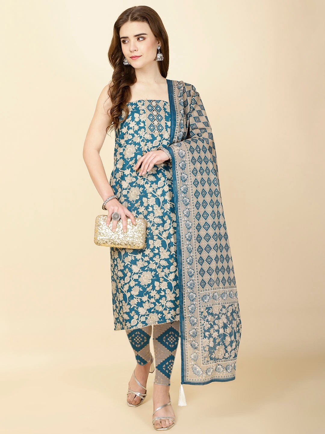 

Meena Bazaar Floral Printed Sequinned Unstitched Dress Material, Blue