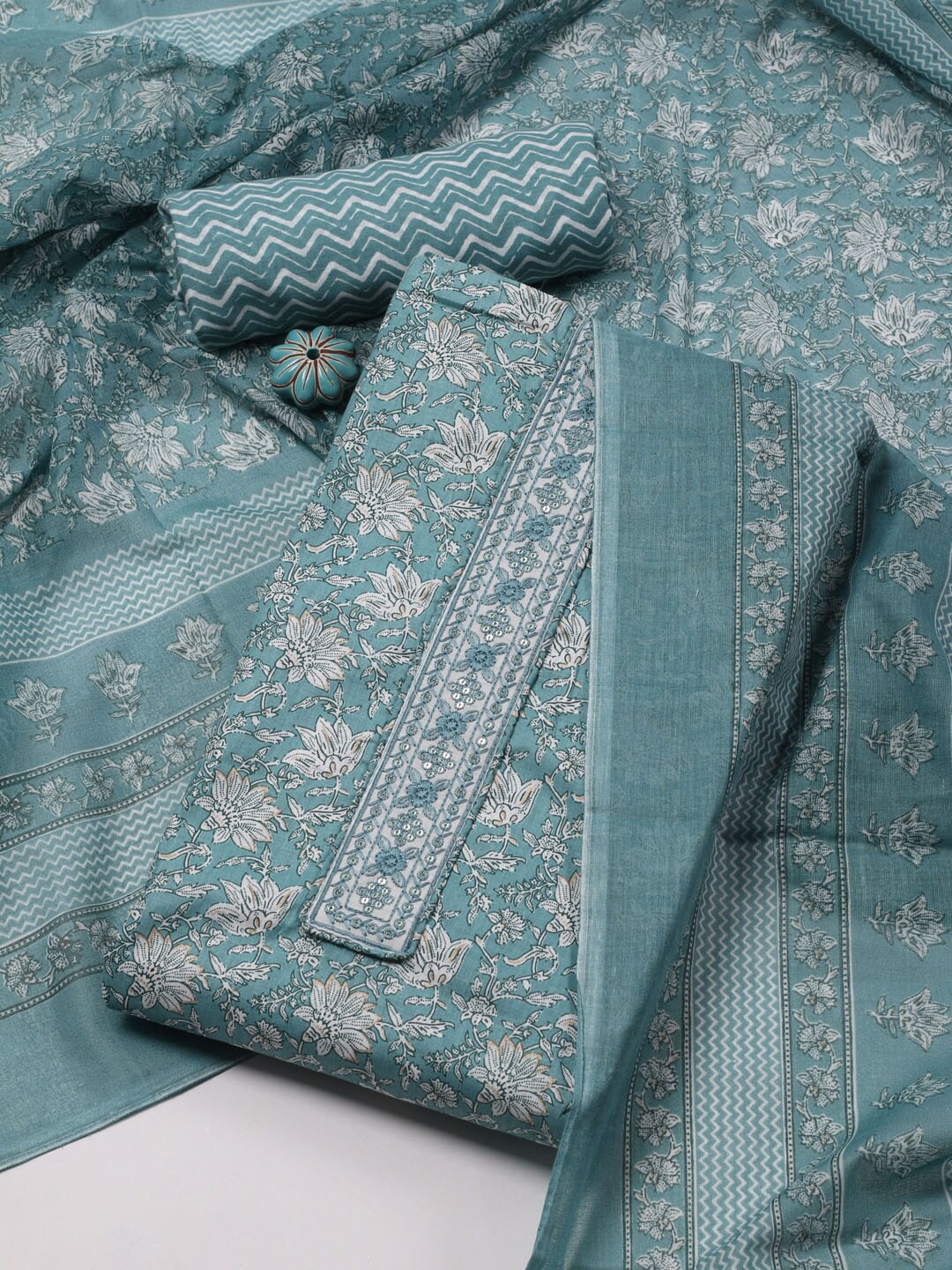 

Meena Bazaar Floral Printed Unstitched Dress Material, Blue