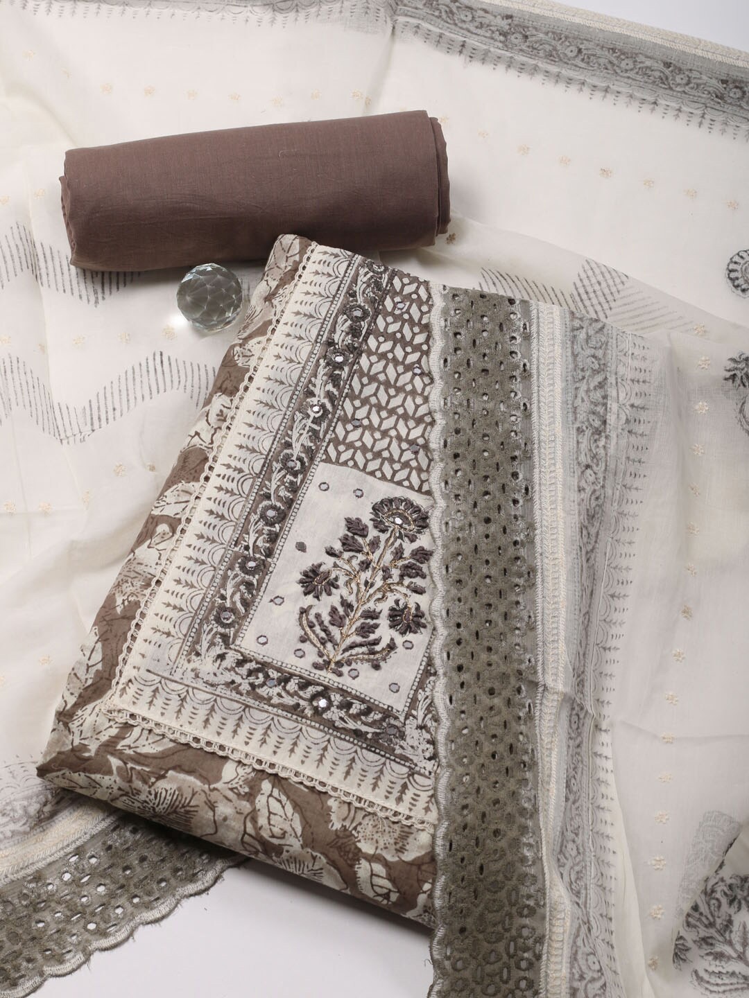 

Meena Bazaar Floral Printed Unstitched Dress Material, Brown