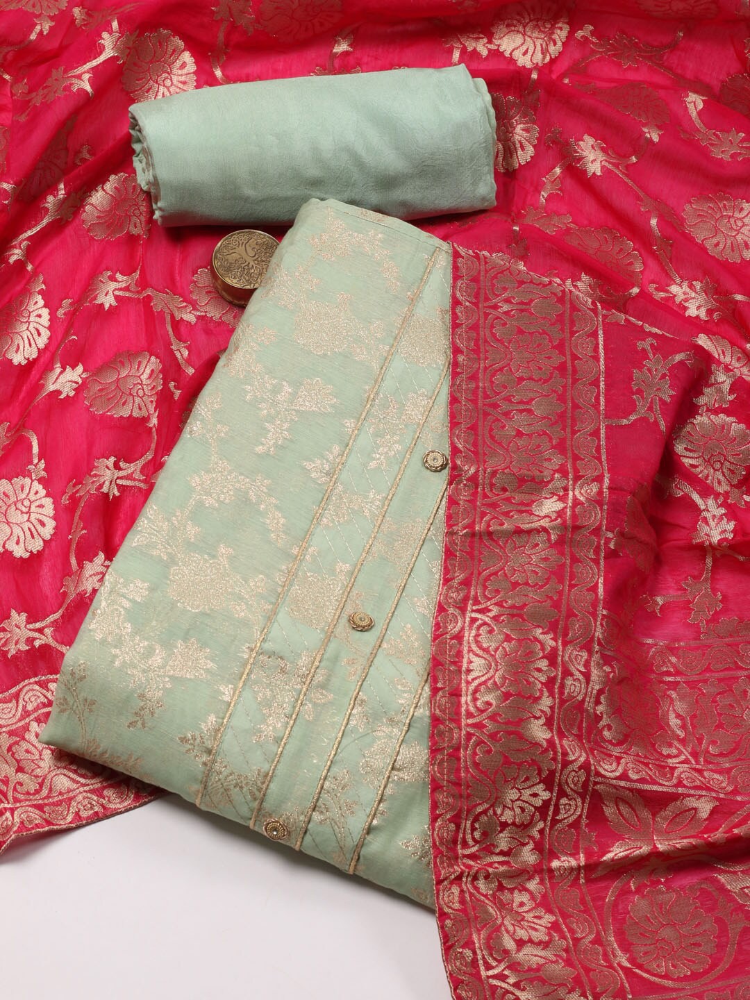 

Meena Bazaar Ethnic Motifs Woven Design Art Silk Unstitched Dress Material, Green