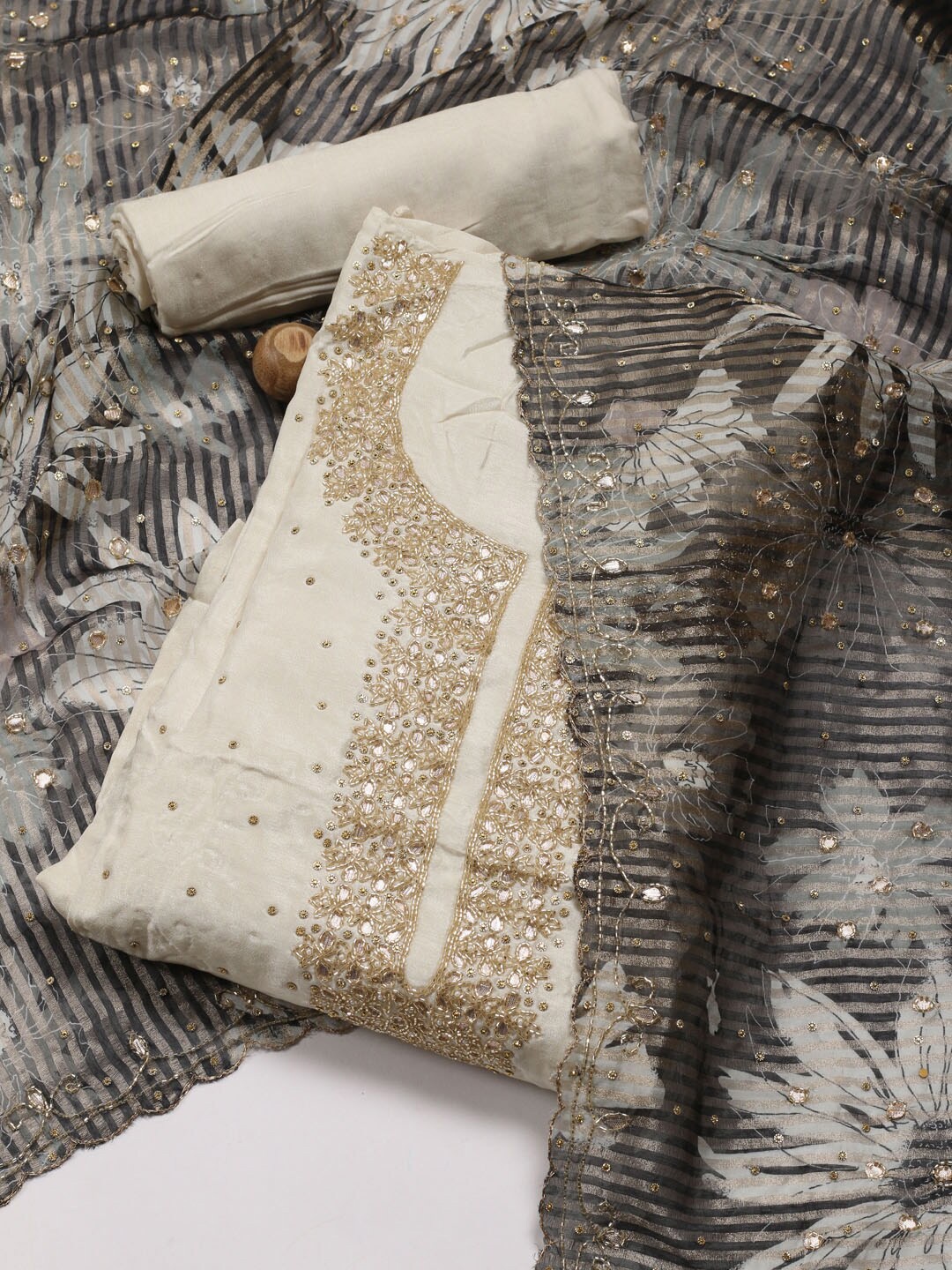 

Meena Bazaar Floral Embroidered Unstitched Dress Material, Cream